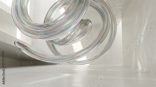 Iridescent glass sculpture featuring swirling fluid transparent ribbons reflecting bright light in a smooth minimalist white architectural interior space design