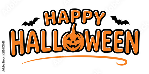 A festive and vibrant happy halloween typography design featuring a smiling carved pumpkin and flying bats for seasonal holiday party decorations