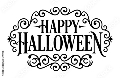 A decorative black and white typography design featuring the words happy halloween surrounded by elegant vintage swirls for seasonal holiday projects