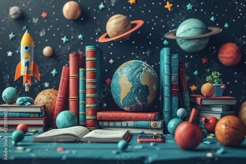 books and a globe on a table in a modern interior, the concept of education and travel, 3D illustration