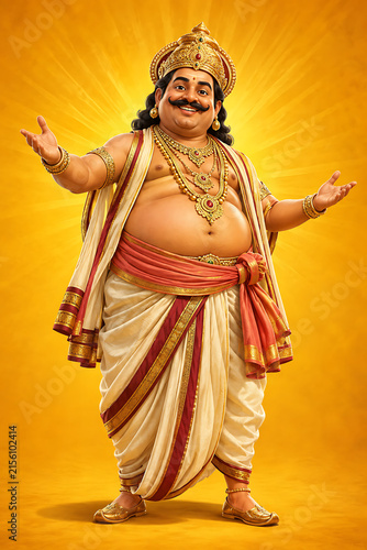 King mahabali welcoming people with open arms for happy onam celebration during south indian festival in kerala with traditional golden background setting