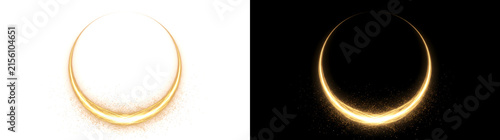 Quadro su tela Gold glowing circle frame with bright light curve and sparkling dust base PNG, T
