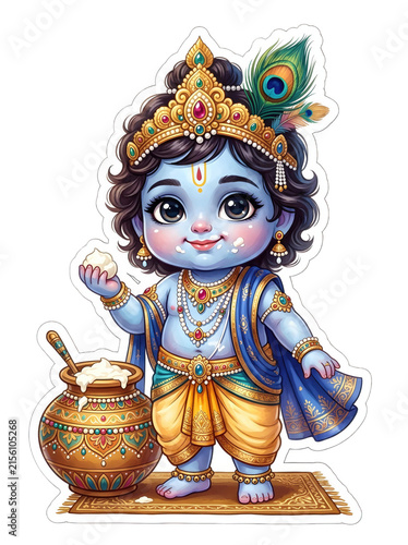 Adorable baby krishna eating butter from ornate matki pot cute bal gopal illustration with peacock feather crown traditional attire janmashtami festival clipart isolated transparent background