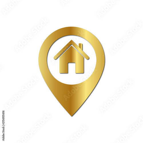 Gold Home Location Pin with House Symbol for Real Estate and Property | Golden House Map Marker Icon Isolated on Transparent Background