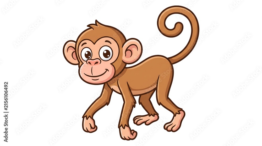 Fototapeta premium Cute cartoon monkey illustration, happy brown primate character, friendly jungle animal mascot on white background