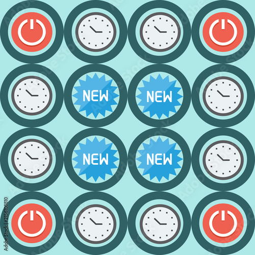 Modern UI tech icons seamless pattern with clock, power button, and new badge