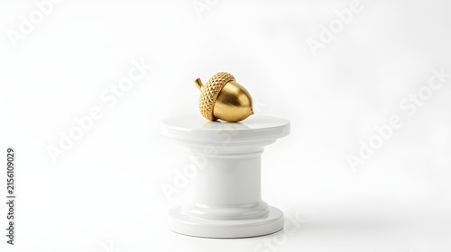 Luxe Golden Acorn Sculpture on a Formal White Classical Column Pedestal – High-End Decorative Object, Sophisticated Interior Decor, Classical Inspiration, Elegant Display Piece, Unique Gold Accent

