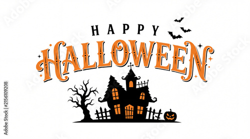 Happy halloween typography design with haunted house and bats