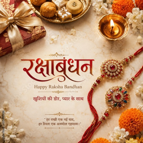 Happy Raksha Bandhan wishes, beautiful designer rakhis, traditional sweets, and festive decor celebrate sibling love.
