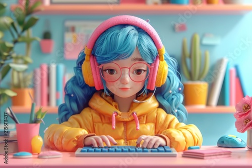 A beautiful girl works in an office at a computer with headphones