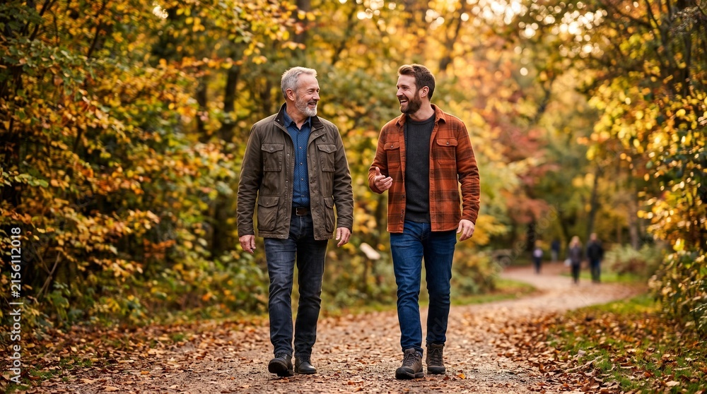 Obraz premium Two men walking and talking on a path through an autumn forest with colorful leaves