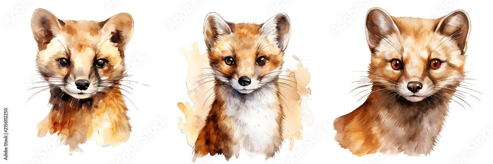 Naklejka premium Watercolor painting of three foxes in a row on a solid black background