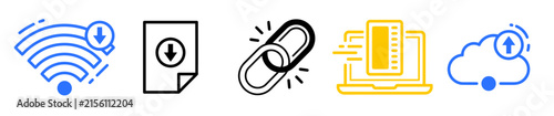 Digital data transfer icons: Wi-Fi download document link laptop upload cloud storage concept