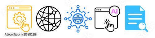 Set of icons representing digital connectivity global network AI integration and document search