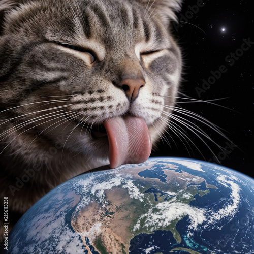 Giant Space Cat Licking Planet Earth in Outer Space