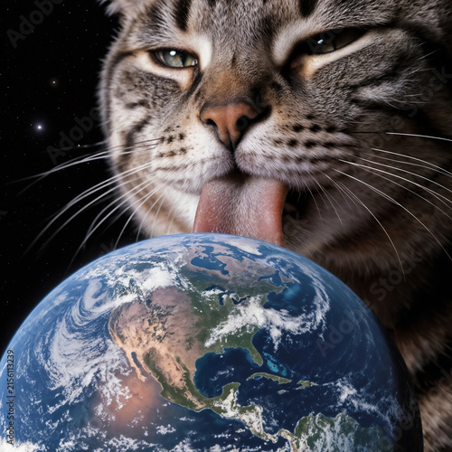 Giant Space Cat Licking Planet Earth in Outer Space