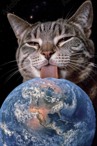 Giant Space Cat Licking Planet Earth in Outer Space