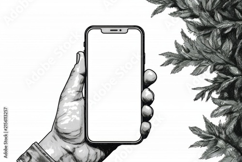 A man's hand holding a black smartphone with a blank screen highlighted on a white background. Illustration
