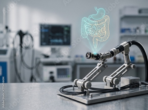 Robotic endoscope tip on testing jig projecting 3D holographic gastrointestinal lumen reconstruction