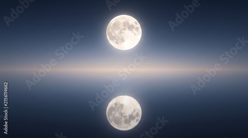 Full moon over a minimalist horizon with soft glowing light reflection on water