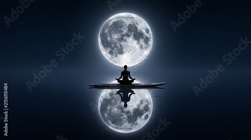 Silhouette of a person meditating on a paddle board under a giant full moon over water