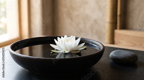 White water lily floating in a dark bowl of water with a zen stone on a dark surface