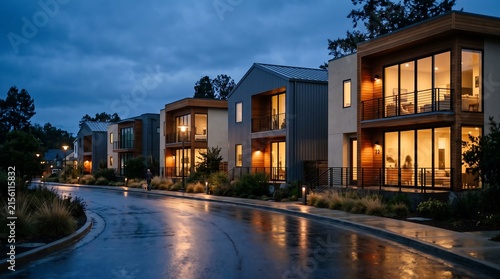 Modern residential housing development with contemporary townhouses along a wet street at dusk
