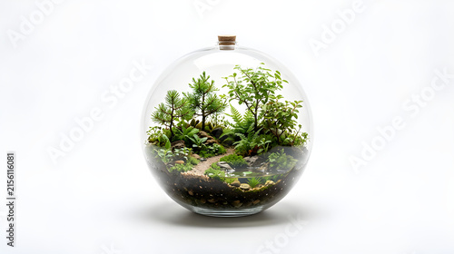 Miniature Forest Terrarium in Round Glass Sphere, Closed Ecosystem Craft, Moss and Small Trees Micro Landscape Decorative Tabletop Ornament Isolated on White Background for Home and Office Decor
