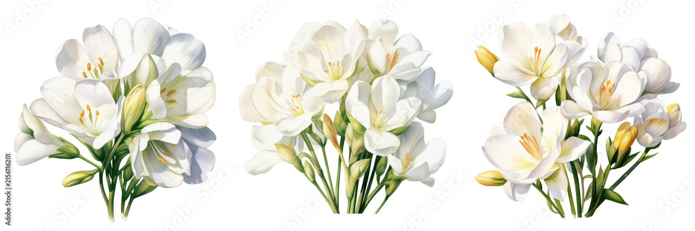 Fototapeta premium Three freesia flower bouquets in watercolor style, isolated on a black background