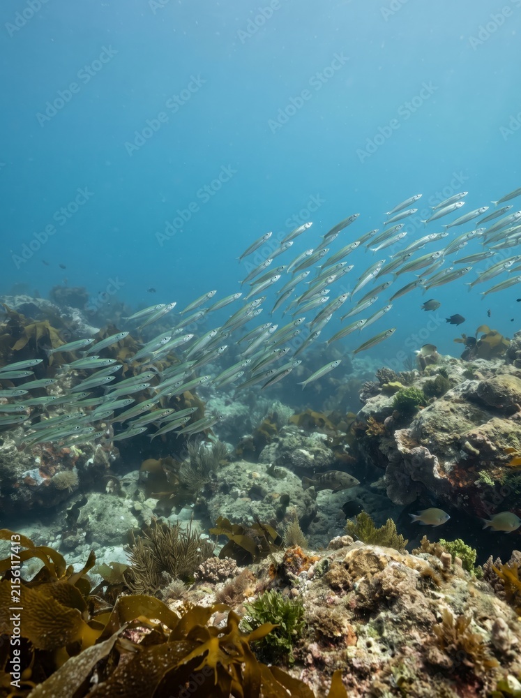 Obraz premium A school of small fish swims above a vibrant coral reef in clear blue ocean water, showcasing underwater marine life and diverse aquatic ecosystem.