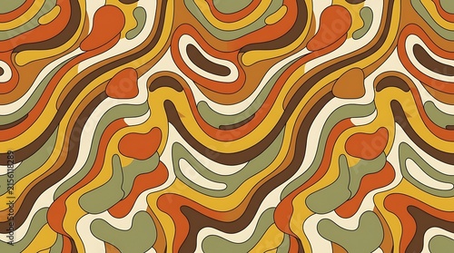 Retro seventies wavy liquid abstract pattern in warm earthy tones with seventies abstract psychedelic background