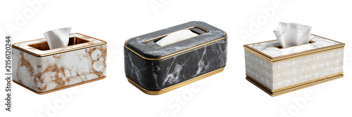 Set of marble-pattern PU tissue box cover with gray and white stone texture on transparent png background. Ai generated