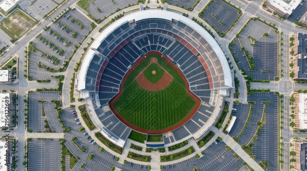 Obraz premium Aerial view of a baseball stadium with a green field and surrounding parking lots image photo
