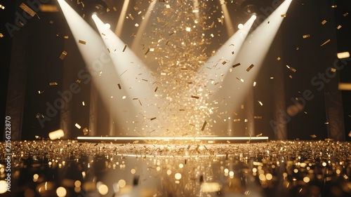 A grand award show stage backdrop featuring bright theatrical spotlights shining through a massive cascade of golden confetti falling onto a reflective floor during a high energy festive celebration