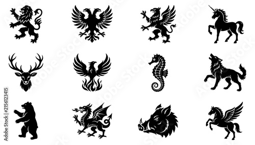 Fotografie Set of heraldic animals and mythical creatures silhouettes