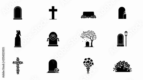 Elegant black and white cemetery symbols vector illustration set with refined collection minimalist cemetery related icons