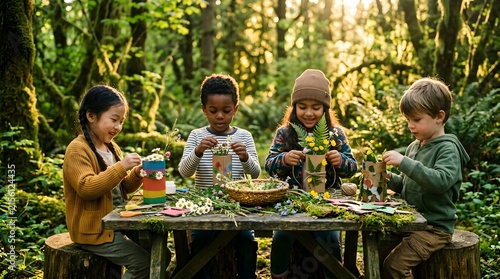 Group of diverse children making wildflower vases at outdoor wooden picnic table in sunny forest