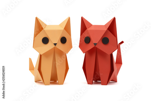 Two Adorable Origami Cats, Orange and Red, Sitting Side by Side Together