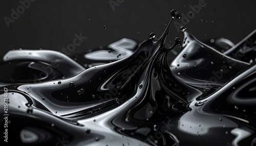 Abstract Black Fluid Dynamics: A captivating macro shot showcases the mesmerizing dance of black liquid, with intricate ripples and droplets forming dynamic patterns under the light.