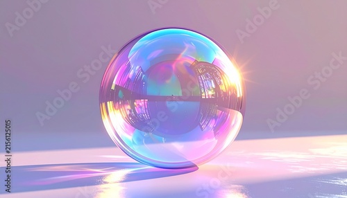 Iridescent Sphere: A solitary, perfectly round sphere with a shimmering, iridescent surface, reflecting a blend of soft, pastel colors and a warm, golden light. It sits elegantly on a smooth surface.