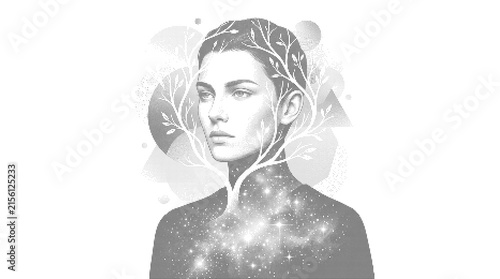 Monochrome vector illustration of a woman's portrait featuring beautifully intricate abstract tree branches and cosmic elements for artistic