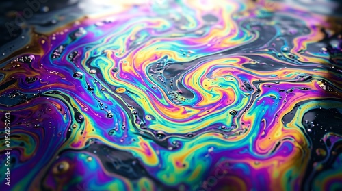 Rainbow Oil Slick Abstract: Mesmerizing swirls of iridescent color create a stunning abstract pattern, resembling a rainbow oil slick on water, full of vibrant hues and dynamic movement.