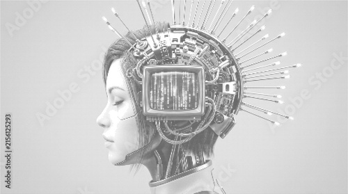 Female humanoid with a mechanical head featuring intricate technology design and futuristic elements for advanced sci-fi themes and projects