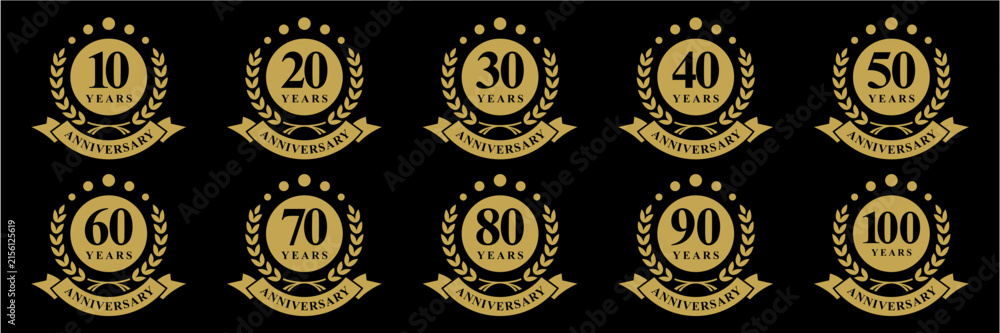 Fototapeta premium Set collection of number 10 to 100 anniversary logo design. Creative number for event celebration wedding greeting. Elegant luxury anniversary logotype concept