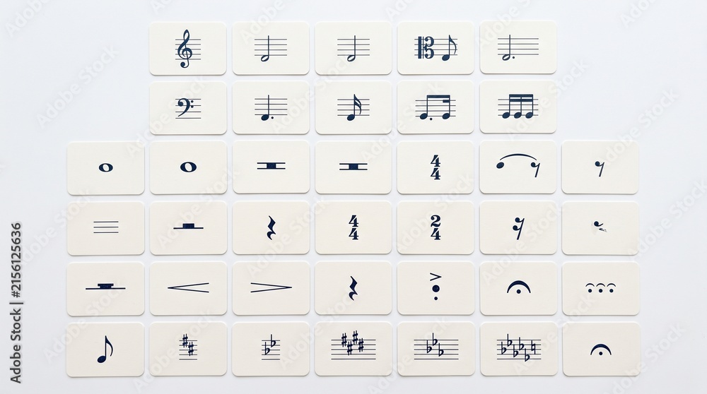 Naklejka premium Musical Notation Collection: A grid of cards displaying various musical notes, rests, and symbols, offering a visual guide to the language of music.