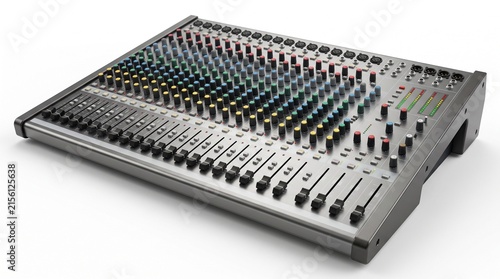 Audio Mixer Console: A professional audio mixing console with numerous faders and knobs, designed for sound engineering and music production, showcasing its complex interface.