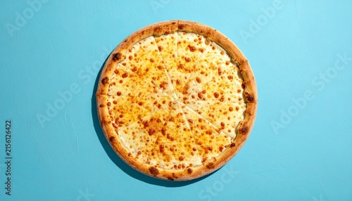 Super cheesy pizza with cheese and basil on a blue background.