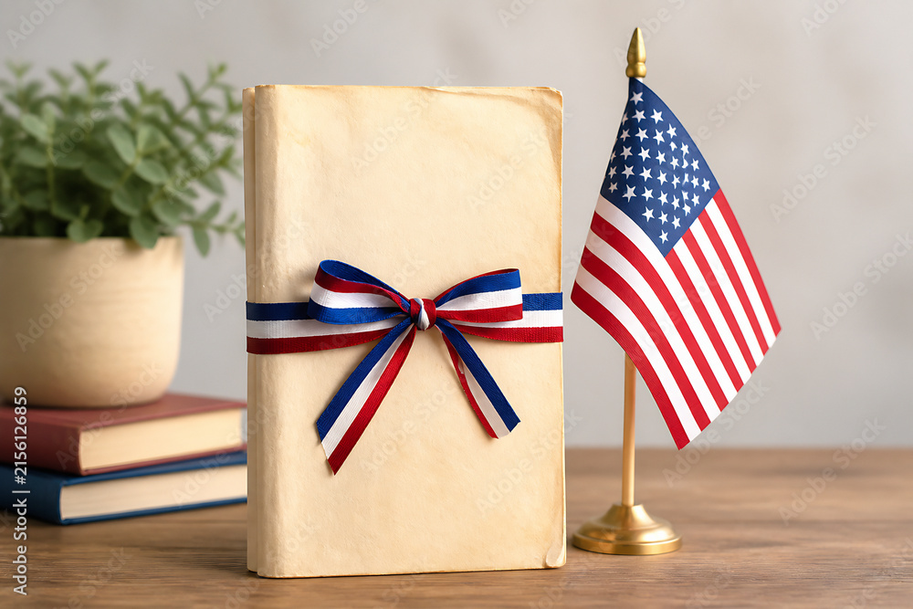 Fototapeta premium A wrapped gift with a bow and an American flag stand are displayed on a wooden table next to a potted plant.