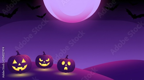 Three carved halloween pumpkins under a bright purple moon