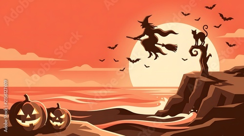 Witch flying on broomstick with pumpkins at night
